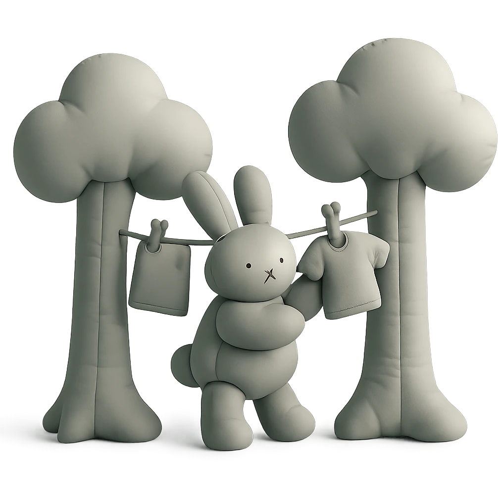 bunny hanging laundry between trees, calming domestic forest feel, cushion style, high quality, no imperfections emoji