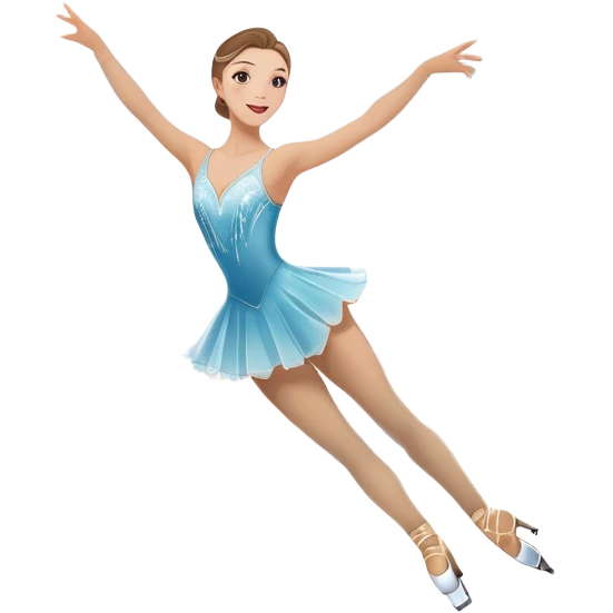 An icon featuring a graceful figure skater performing a spin on the ice. The background includes a grand ice rink palace with shining spotlights and cheering spectators in the stands. Transparent background highlights the elegance and artistry of figure skating emoji