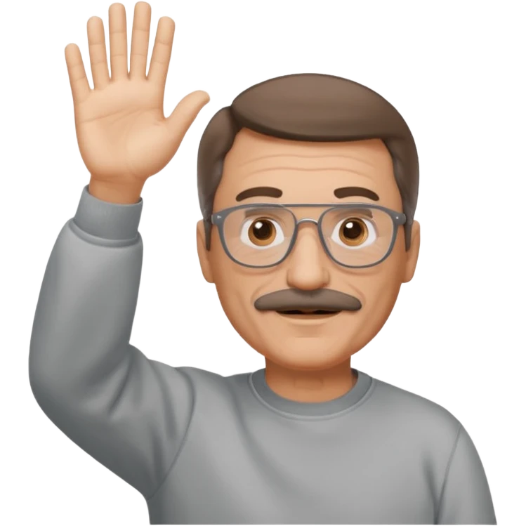 60 yr man partial brown hair parted in center, mustache, light glasses, sweatshirt waving hello emoji