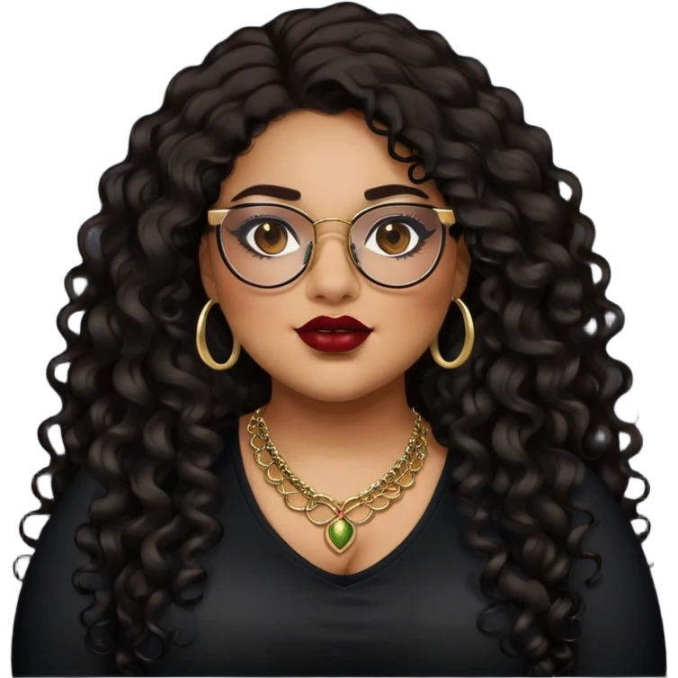 teen big plus size, latina, darker tan skin, gold jewelry, long black curly hair, baddie,pretty, makeup, dark red lipgloss, black eyeliner, long hair, black top, black glasses emoji