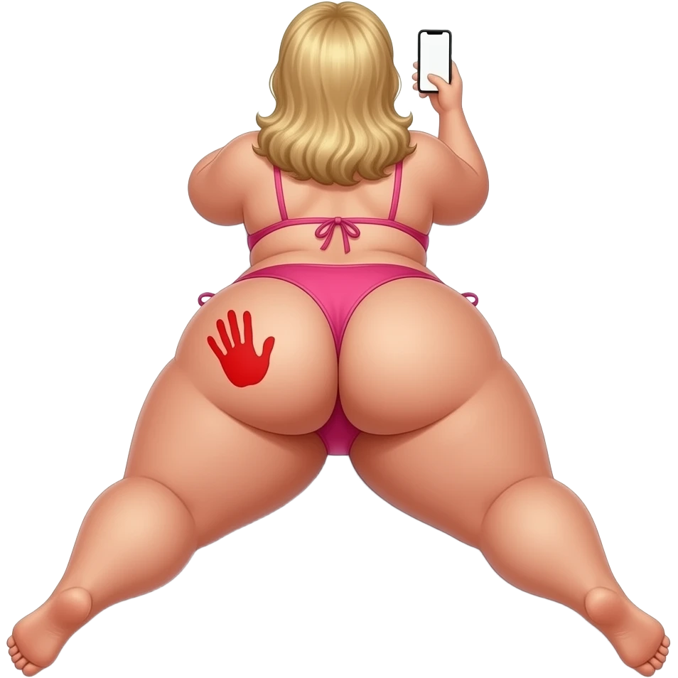 Caucasian woman, blonde hair, handprint on butt, obese, big booty, showing back, pink bikini, massive thighs, while laying facing away from us, while watching on its phone, a white screen and the camera is facing at her, left buttock legs spread an red hand print on left buttock emoji