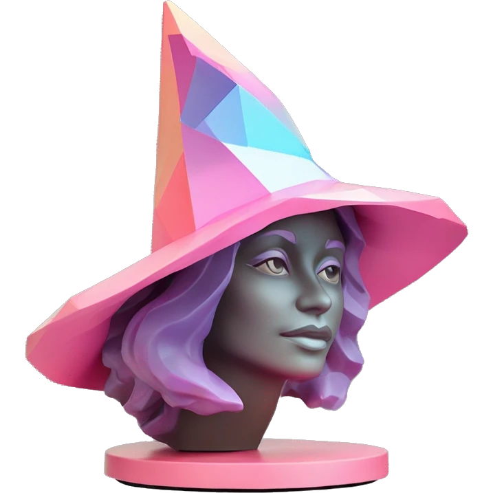 standalone sculpture witch hat is geometric, faceted design, on a hat display. The sculpture is angular and Alphonse Mucha style. The vibrant midtone tints of pastels and pink highlights the sharp edges and planes.  emoji