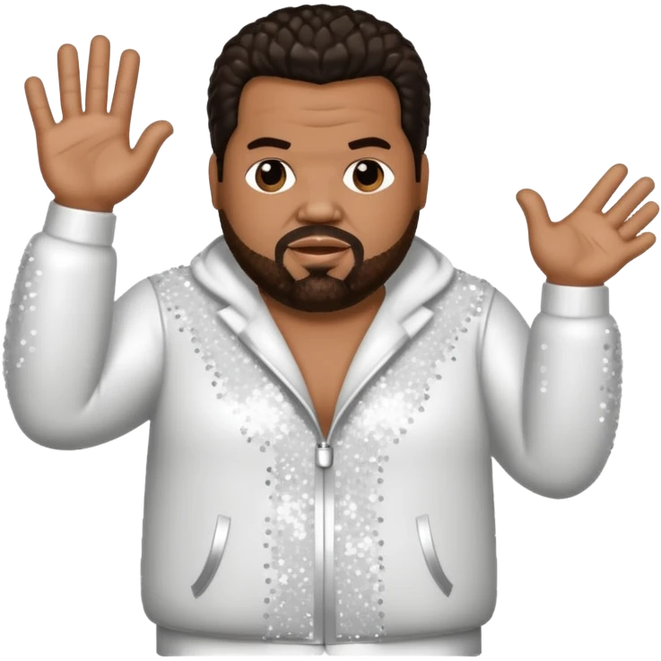 Fatman Scoop with dark brown hair, white sequin outfit emoji