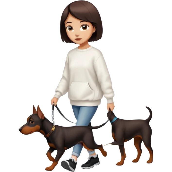 Beautiful short-haired girl in a white sweatshirt walking her Doberman emoji