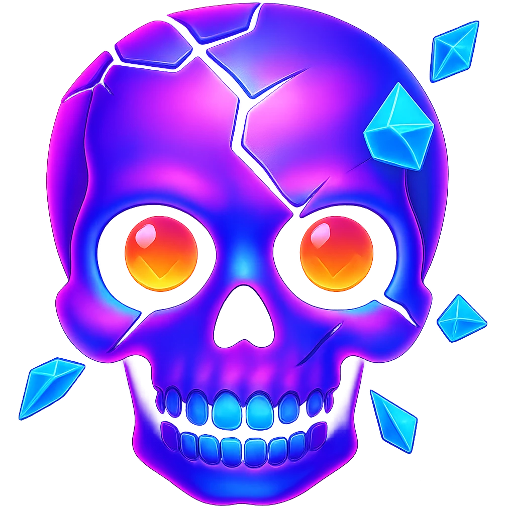Edit the blown skull with a neon color palette in an emoji style. Keep the background transparent. Note: The original emoji style does not support editing, so using the general style while preserving the emoji look. emoji