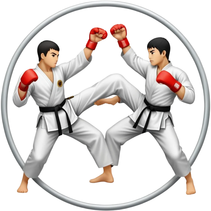 Round emblem symbolizing striking martial arts. The emblem features two fighters in dynamic stances, one delivering a powerful punch while the other defends with a block. In the center, a stylized fist and foot crossed to represent the essence of striking.  emoji