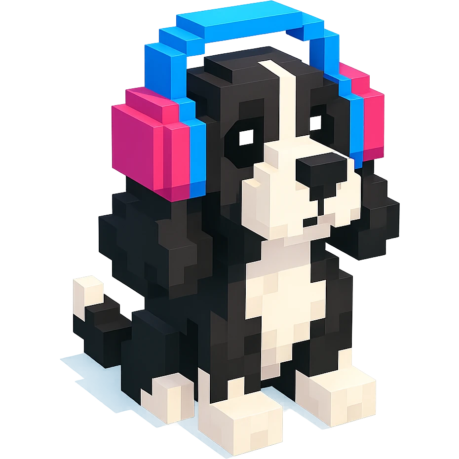 black and white Russian Cocker Spaniel puppy wearing headphones, looking up pose emoji