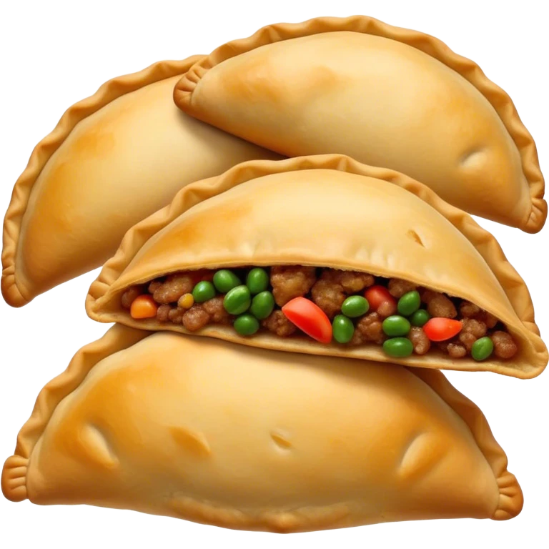 Cinematic Realistic Empanadas Dish Emoji, showcasing crispy fried turnovers filled with spiced meat and vegetables rendered with rich textures and dynamic, appetizing lighting. emoji