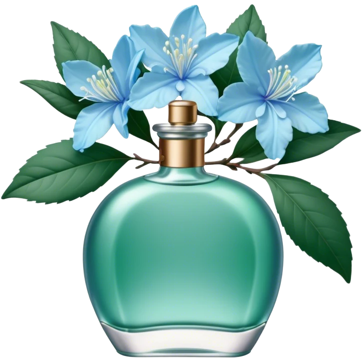 Aesthetic ensemble of soft blue azaleas alongside a charming vintage green perfume bottle.
 emoji