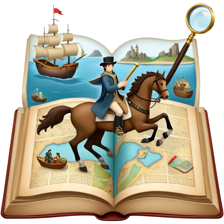 Collage for Reading Fiction: large open book with pages turning into with musketeers on horseback, Sherlock Holmes with a magnifying glass standing nearby, treasure island map. The icon should evoke the adventure and romance of exploring fictional worlds. Transparent background emoji