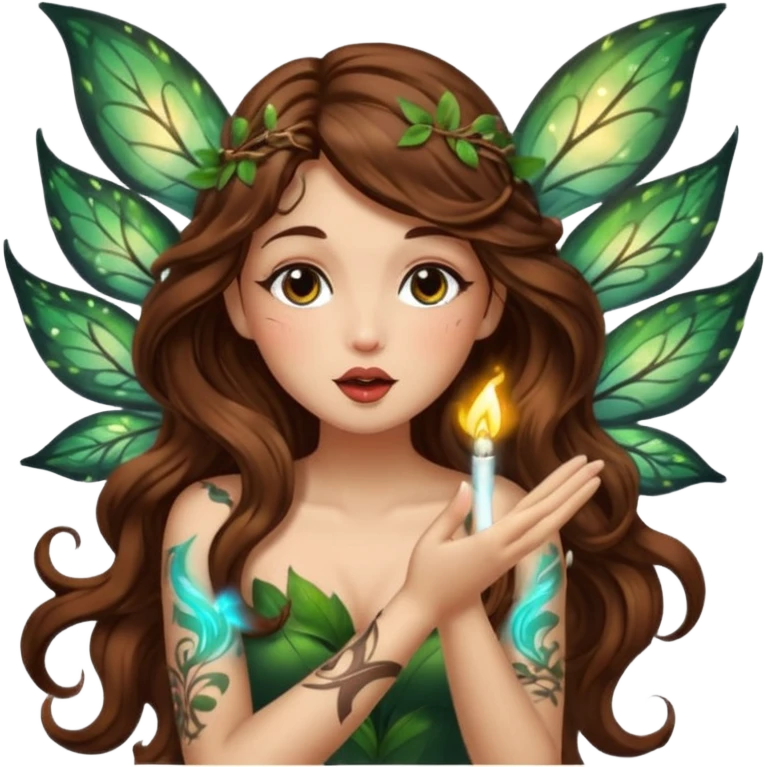 forest fairy woman long wavy brown hair tattoos blowing glowing kiss emoji