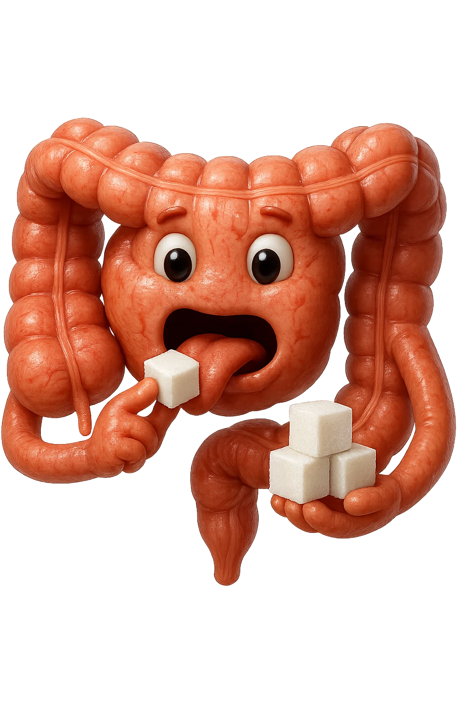 emoji stile iphone di un intestino anatomico che mangia zollette di zucchero, iperrealistico 4k, isolato su sfondo bianco emoji