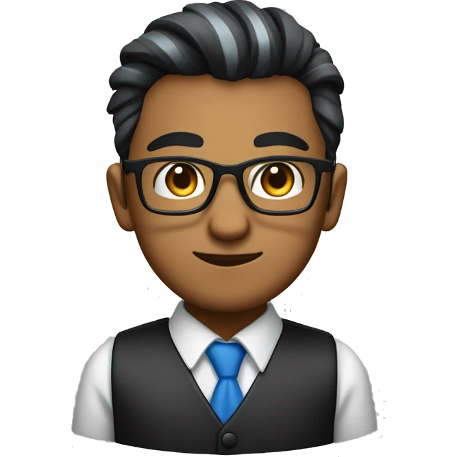 desi accountant with blue dark dress collar stripes white or something and black shirt. with glasses and spiked hair. clean shaven.  emoji