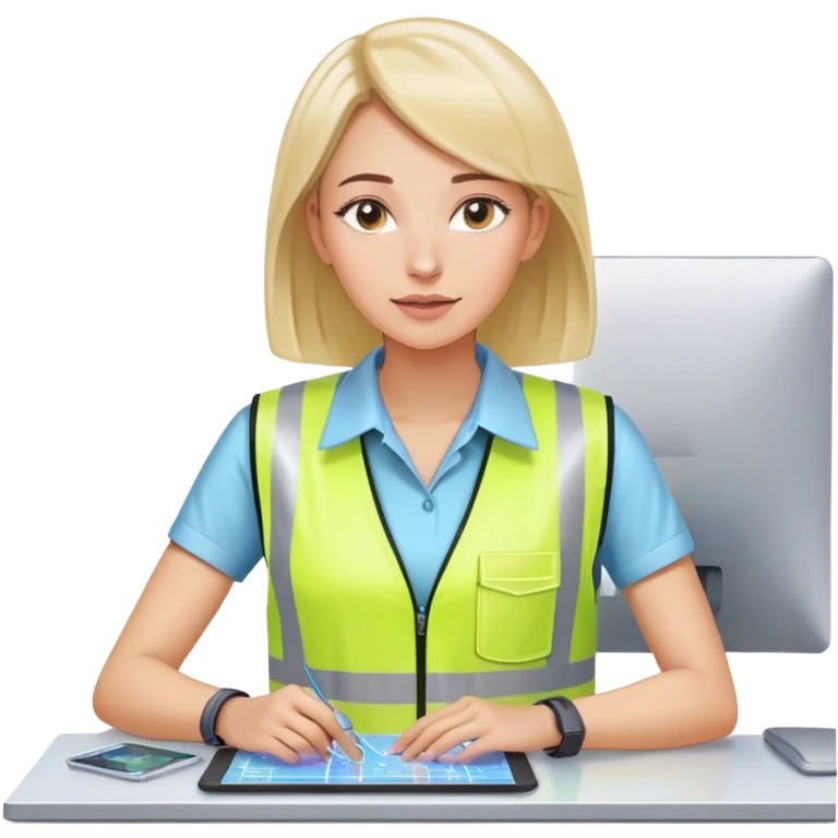Gender: Female Hair: Practical bob with wireless logistics earpiece Face: Stress pimple on chin Clothes: High-vis vest over ERP system print blouse Action: Dragging holographic shipment nodes on touch table emoji