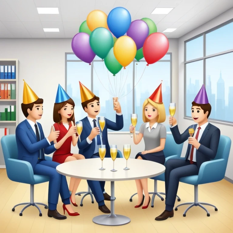 office party with coworkers celebrating, holding drinks and snacks, decorations and balloons in the background emoji