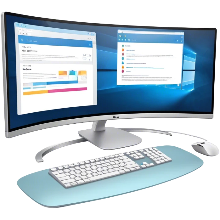 Create an emoji for UX/UI design. Show  large curved monitor displaying windows with UX/UI design interface. Include a mouse, keyboard, and stylus next to the screens. Use modern, professional colors. Do not include any emojis or smiley faces. Make the background transparent. emoji