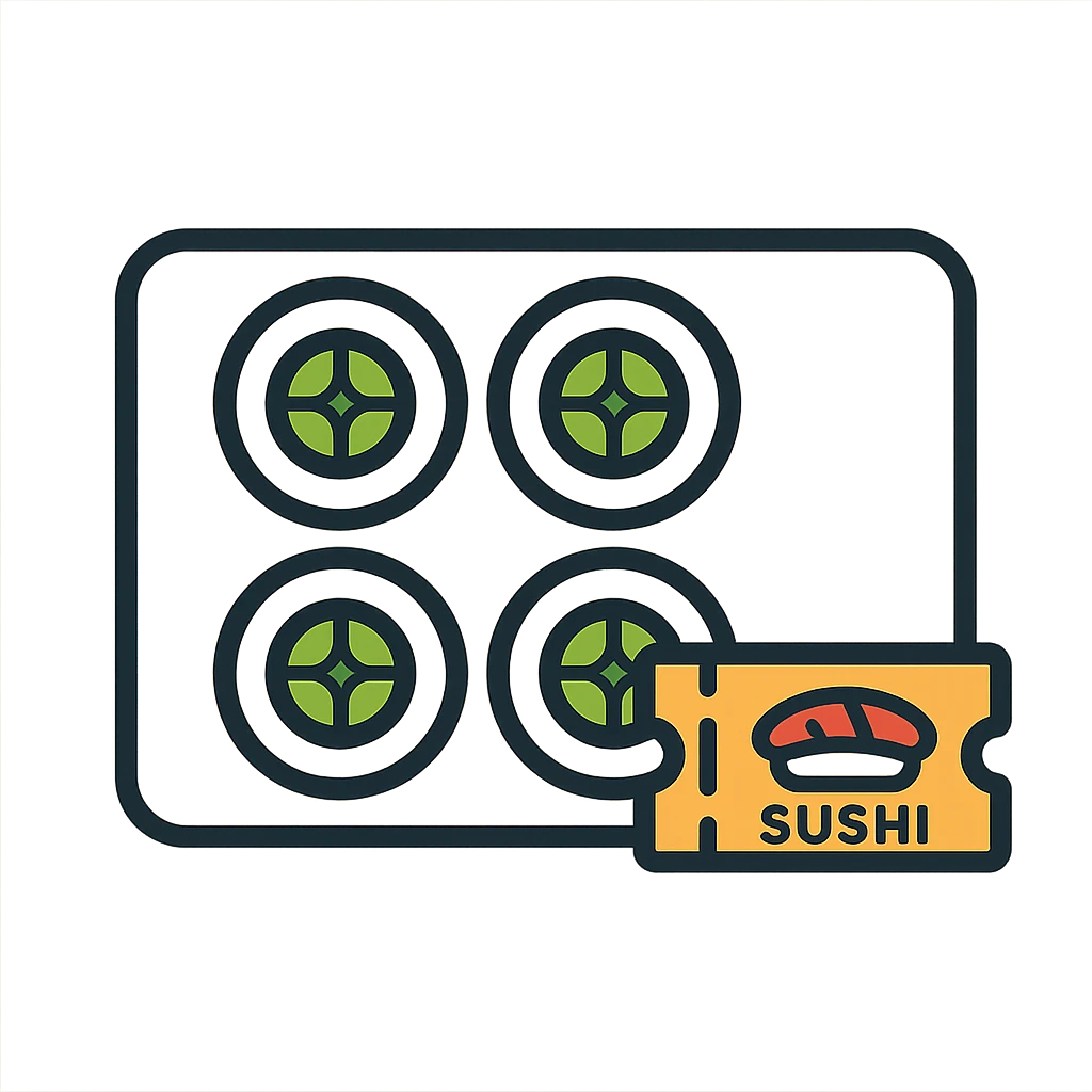 simple horizontal card with four cucumber sushi rolls (kappa maki), sushi voucher ticket, clean design, minimal style, modern icon style emoji
