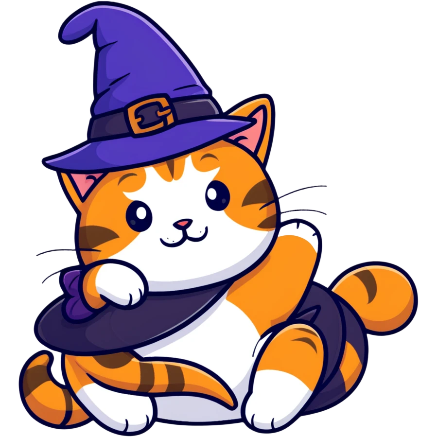 full body ginger tabby cat flopped over on her side wearing an indigo witch hat emoji