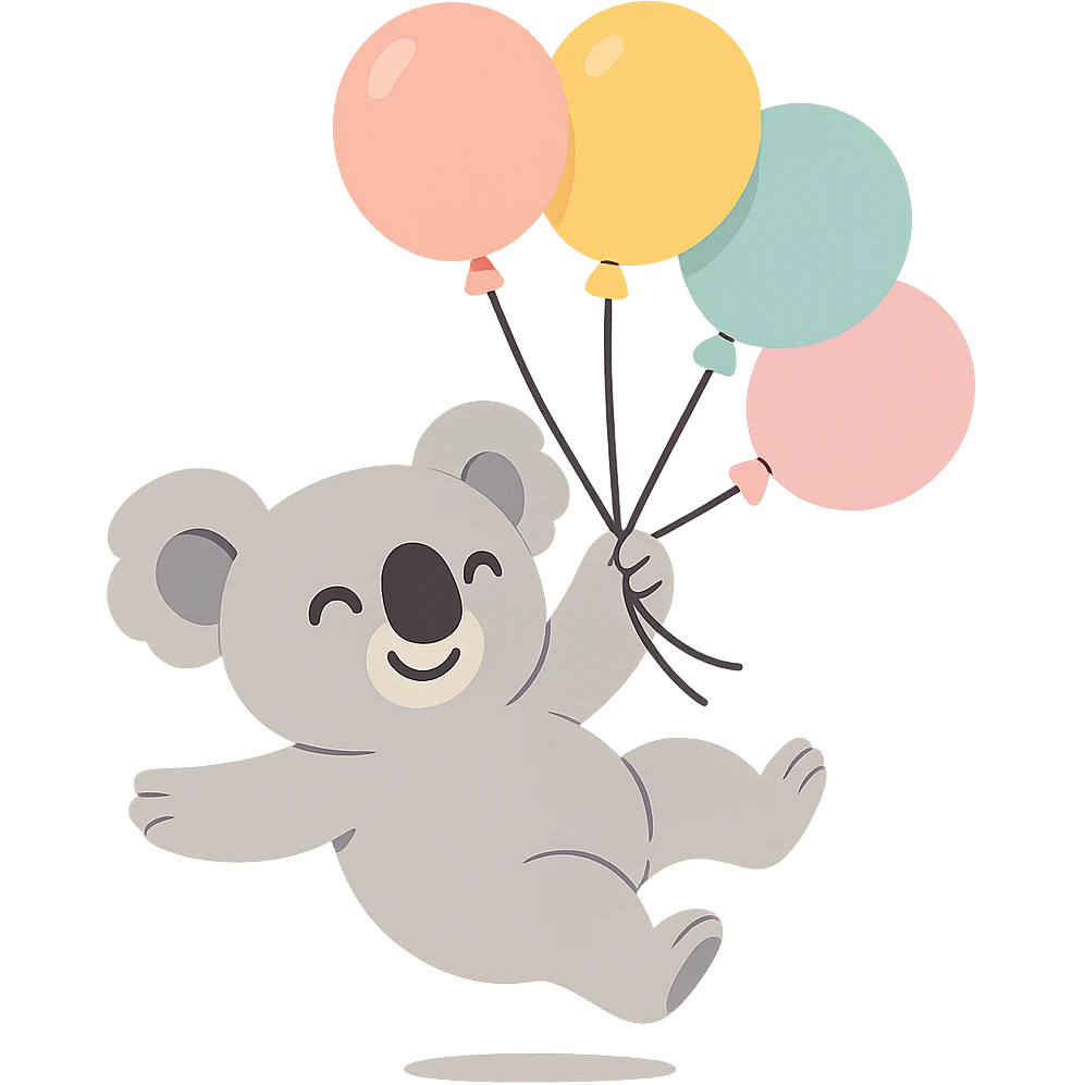 koala floating with pastel balloons, happy face, pastel-toon style emoji