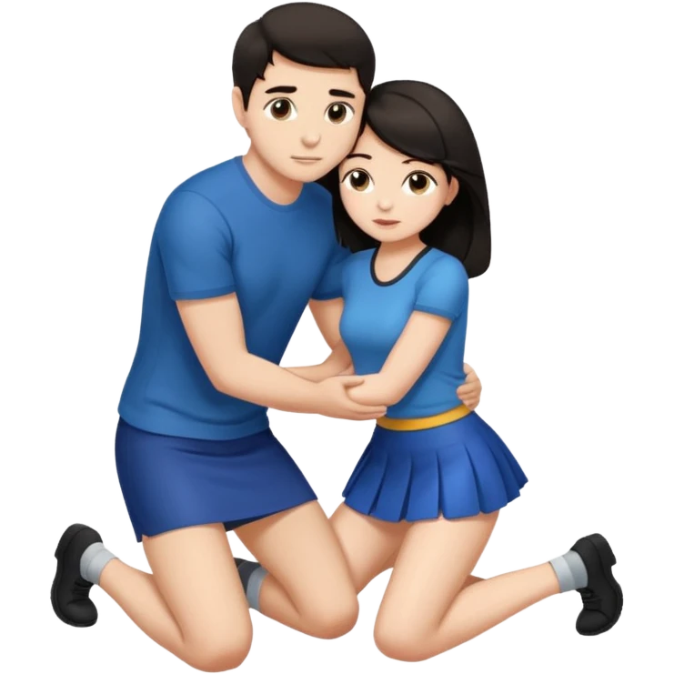 man with dark hair on knees, facing dark haired woman in a micro mini skirt, hugging her waist emoji