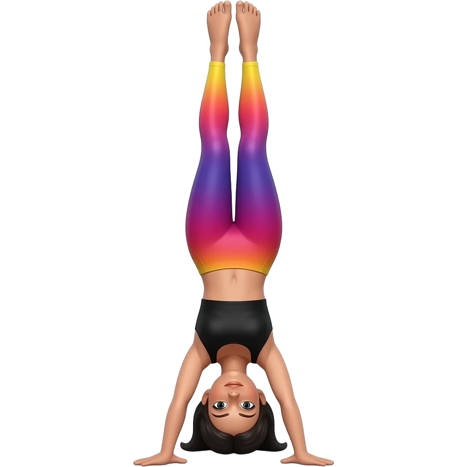 straight handstand. black hair. black top.  graident filled leggings colours purple / pink /red/ orange to yellow emoji