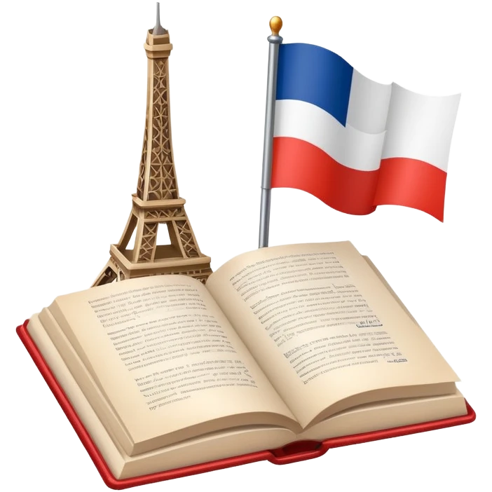 An icon featuring the flag of France, symbolizing the French language. The design includes an open book and the Eiffel Tower behind, representing language learning and cultural elegance. Transparent background highlights the beauty of French heritage. emoji