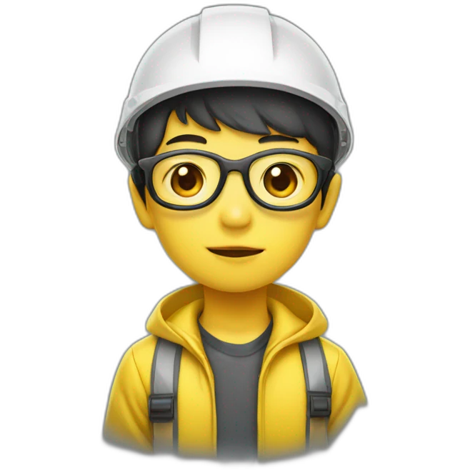 chinese boy with very thick lip small eyes with glasses wearing yellow rain jack and white safety helmet emoji