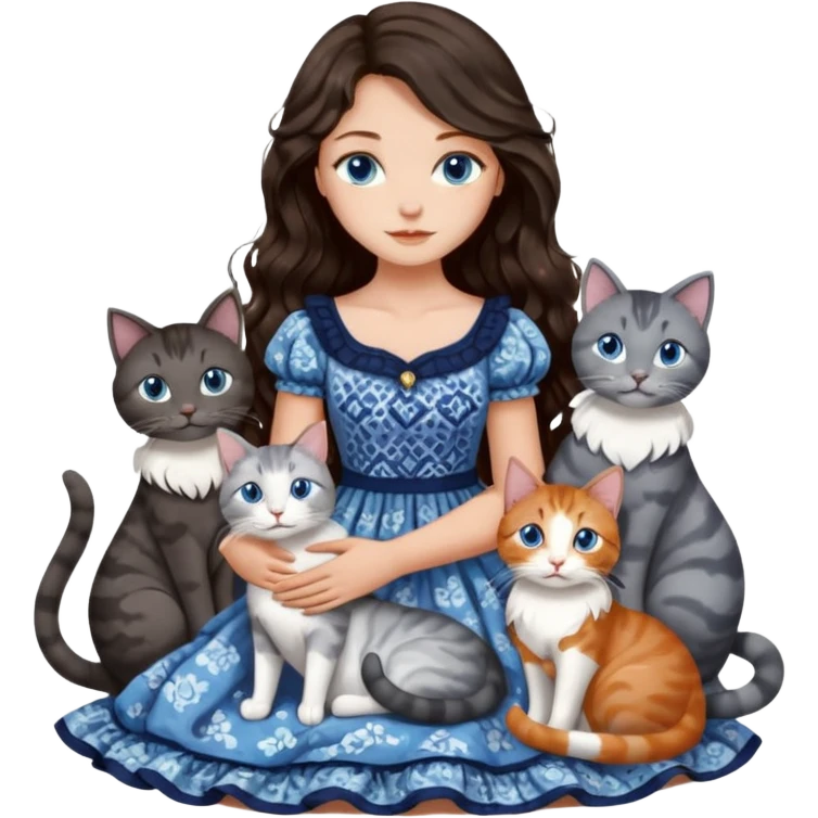 detailed realistic looking a dark grey and white cat regally sitting with six other cats, cuddling with their owner who is a pretty bratz lightly tanned white girl with long dark brown hair, blue eyes and gorgeous long wavy hair wearing a pretty detailed dress emoji
