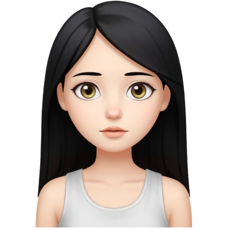 Smooth skin, soft shading, large expressive eyes, natural makeup. 
Long straight black hair, center part. 
Minimalistic and cute facial expression. 
White sleeveless top. 
Bright studio lighting, plain white background. 
High resolution, polished, modern, simple aesthetic. emoji