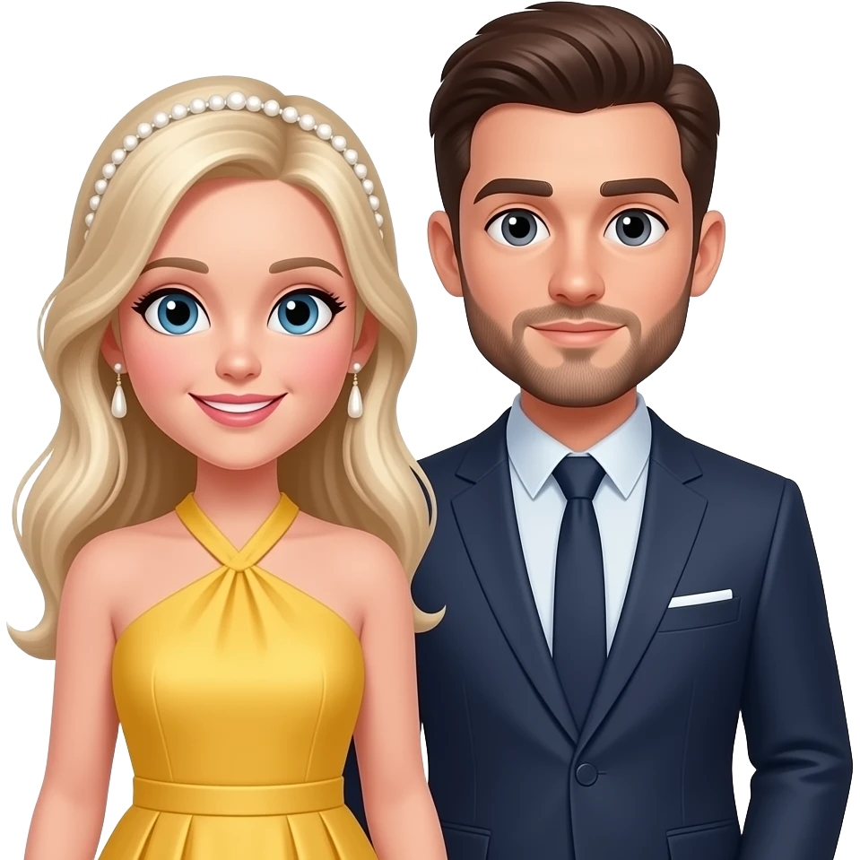 Engagement White blonde fiancé in halter yellow dress with male brunette fiance with short facial hair proposal emoji