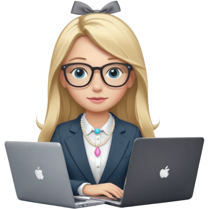 Please take the girl with laptop emoji and make her glassess light brown, her eyes ocean blue and her nose a bit smaller and pointier and she has blonde very long hair and a dark grey suit and pearls necklace, and has a laptop in fron of her and a tiny pink bow on the left side of her head emoji