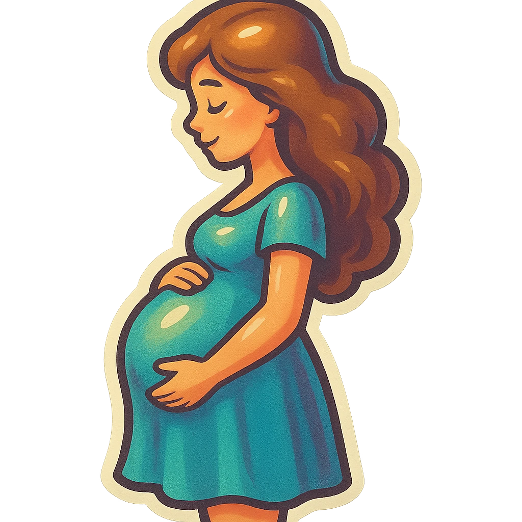 pregnant girl in dress standing sideways holding belly, retro stickers style, soft rounded shapes, expressive contours, vintage color palette, light paper texture, shadows and highlights, transparent background emoji