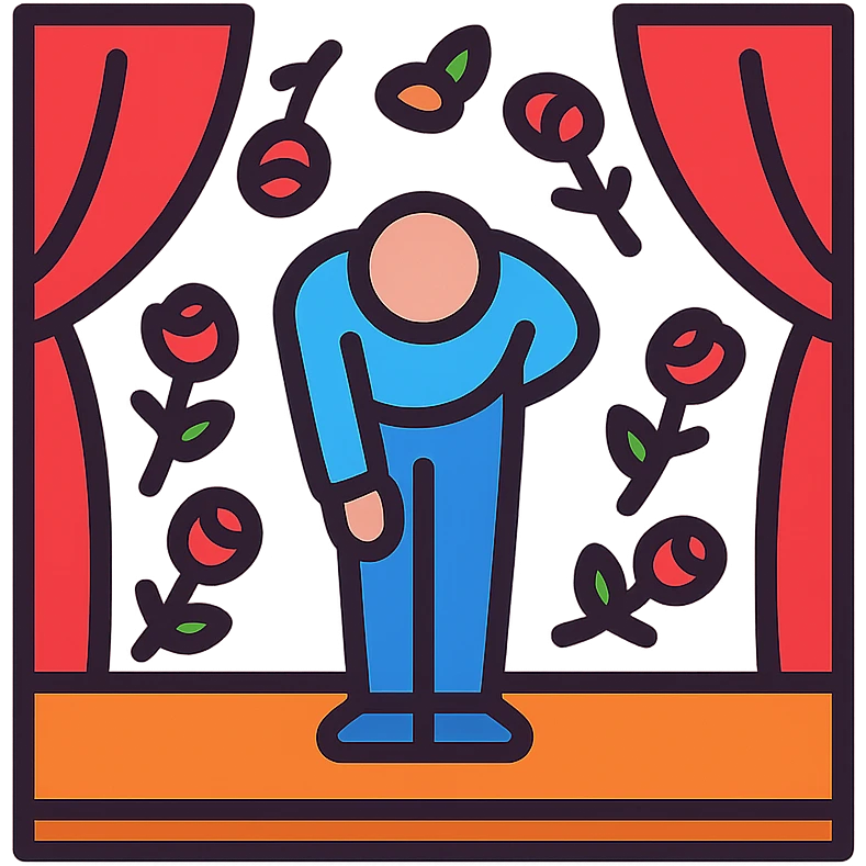 a person on stage bowing, surrounded by roses thrown by fans, clean modern icon style emoji