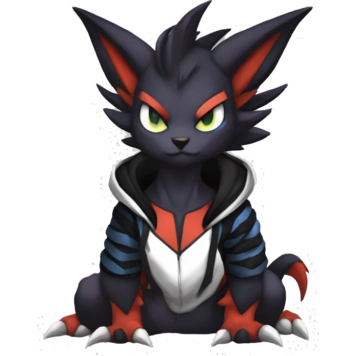 Cool Anthro Black Noivern-Absol-Litten-Pokémon with edgy stripes hoodie spiked collar punk Full Body emoji