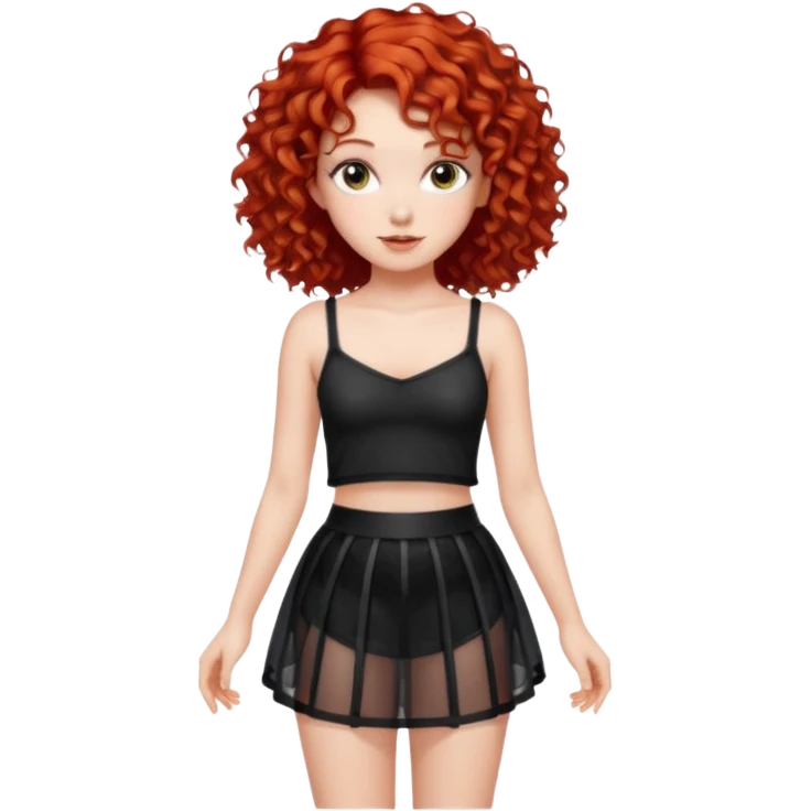 Naked red curly haired girl with very large big boobs and cleavage.  Thin waist and wide sexy hips. Her boobs are naked but wearing a see-thru black mesh very short mini-skirt emoji