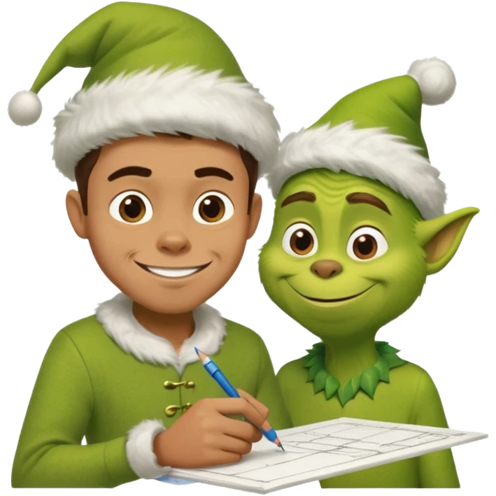 a man sketching architectural plans, with a mischievous Grinch smile emoji