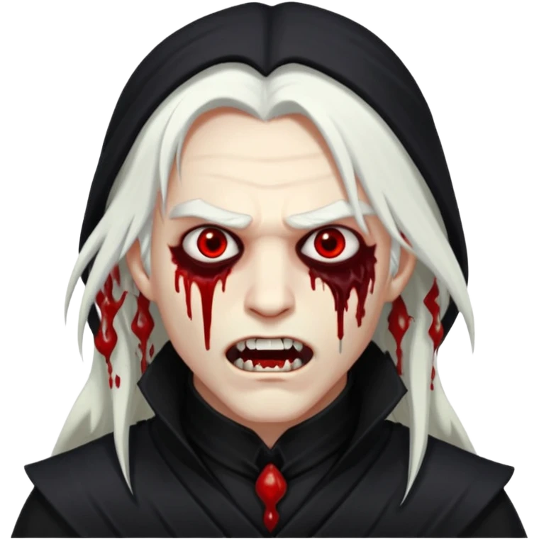 Creat a young man Vampire that have long white hair and white skin and full black eyes and bloody mouth and full black outfit and long fangs and scary dead cold eyes emoji