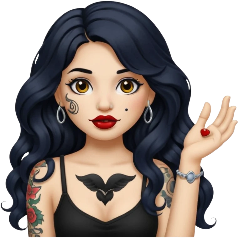 I want to create a female emoji with long black wavy hair and arm tattoo with her nose pierced and black lip stick emoji