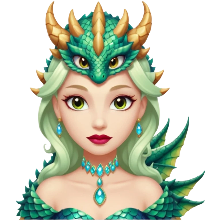 Am amazing blend of a half dragon woman with glittering jeweled scales covering her body. She has large almond shaped eyes, lush lips, and she wears a stunning luminescent gown. emoji
