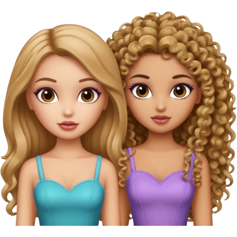 2 pretty bratz fair girls. One has straight hair and is tan. One is fair with curly hair emoji