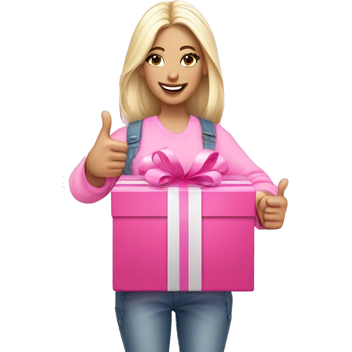 white skinned influencer advertising pink gift box in hands and thumbs up emoji