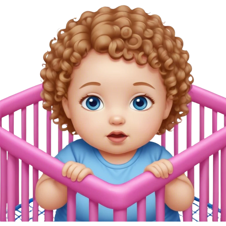Deep Blue-eyed baby girl with short light brown curly hair, chubby pink cheeks, in playpen  emoji
