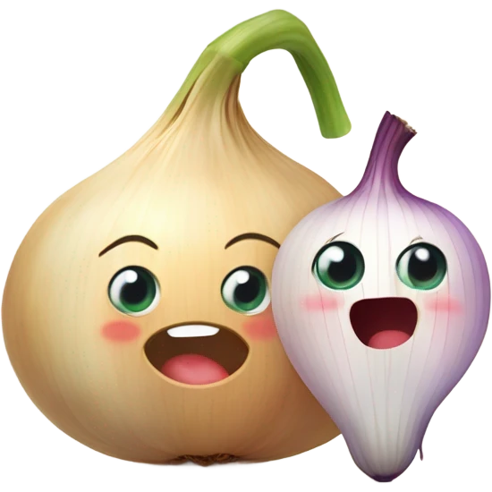  emoji of a cute garlic clove and a smiling onion looking at each other with love. They have big, adorable eyes and rosy cheeks. Small red hearts float around them, and they appear to be blushing, creating a romantic and funny atmosphere. emoji