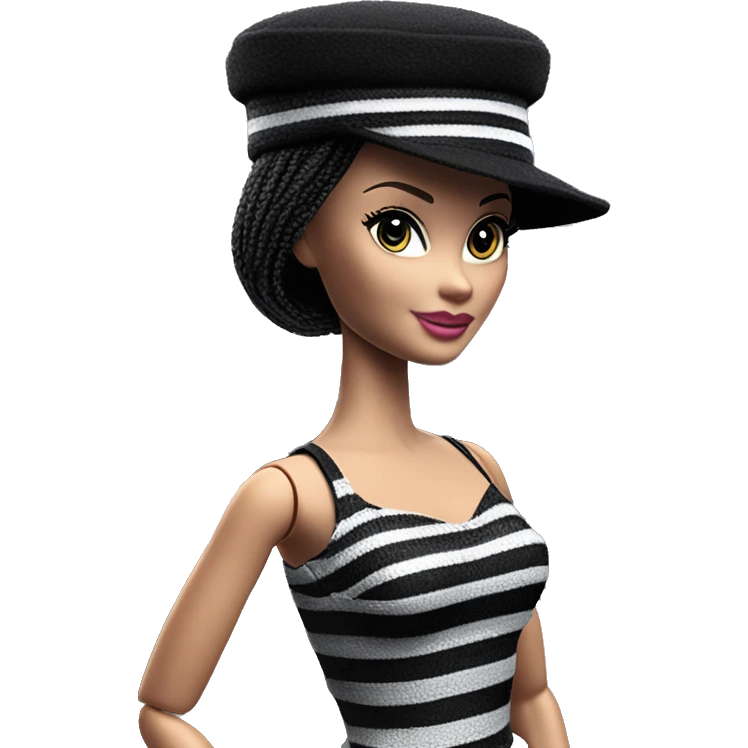 Bouclé Beauty Barbie, 1965 Wednesday Addams from academy, in dark-gray and black striped outfit with hat. Smiling Driving Mercedes convertible sports car  emoji