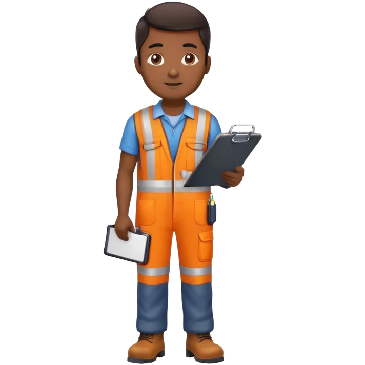 Indian male railway engineer orange overalls, boots holding a clipboard emoji