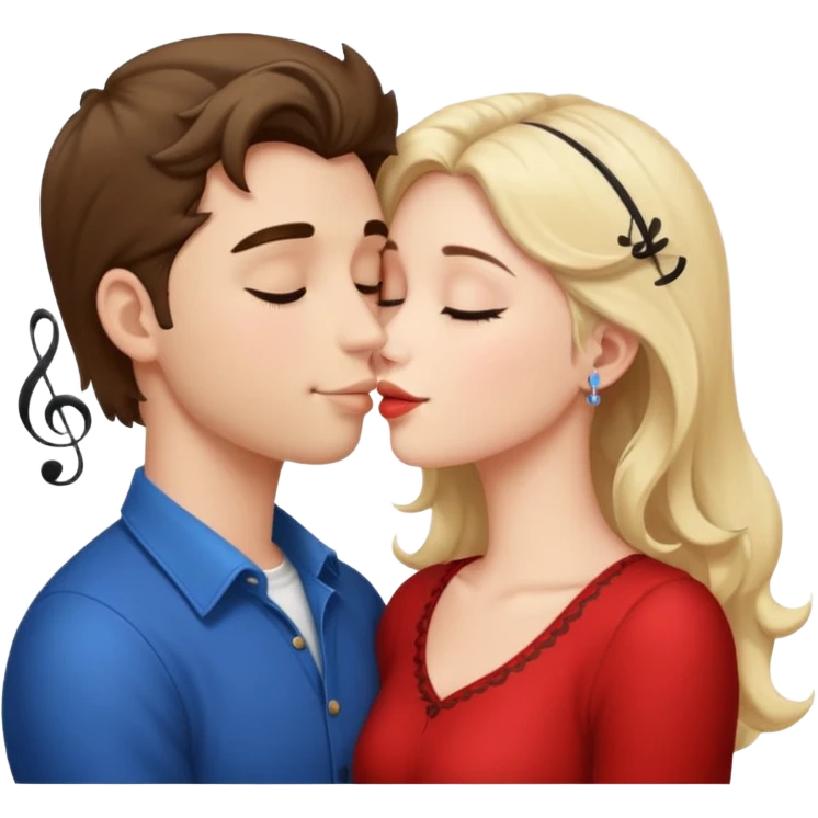 a good looking man and good looking woman are Kissing, with music notes emoji