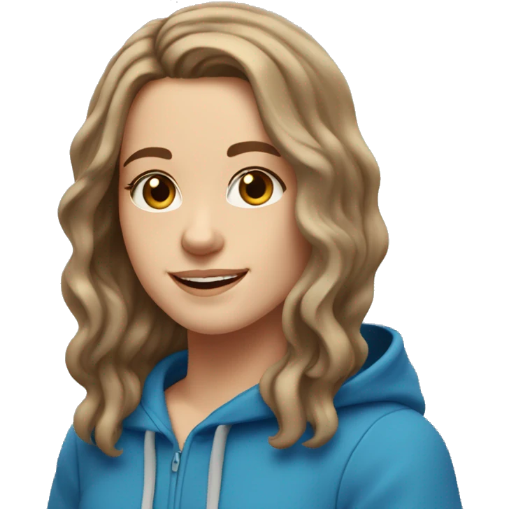 white girl with shoulder length wavy hair and brown eyes smiling in a blue hoodie emoji