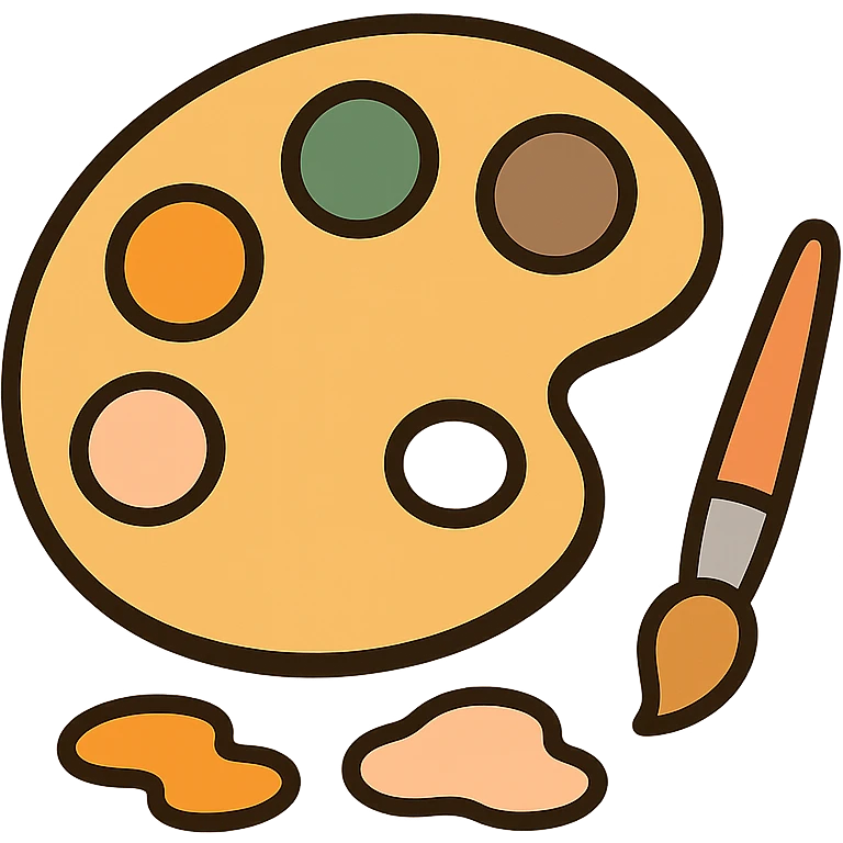 A cute and charming artist’s paint palette with dabs of paint in a warm, cozy color scheme: golden orange (FA9B41), deep forest green (4A7C5C), muted taupe brown (96775A), and pastel peach (FFCC9A). The wooden palette has a soft, rounded shape with a smooth finish, and the paint blobs are arranged neatly like little candy drops. Some splashes of color are playfully smeared nearby, and a tiny paintbrush rests beside the palette. The overall mood is light, artistic, and whimsical, with soft lighting and a gentle, creative atmosphere — perfect for a dreamy, storybook-style illustration. emoji