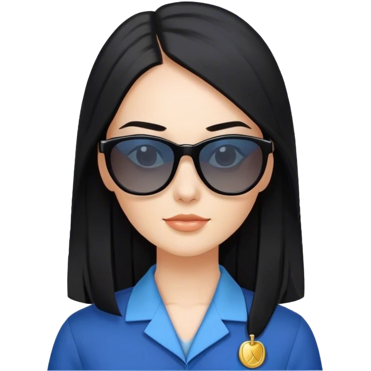 Fair skinned pretty woman with long straight black hair with sun glasses and blue teacher uniform and black colar emoji