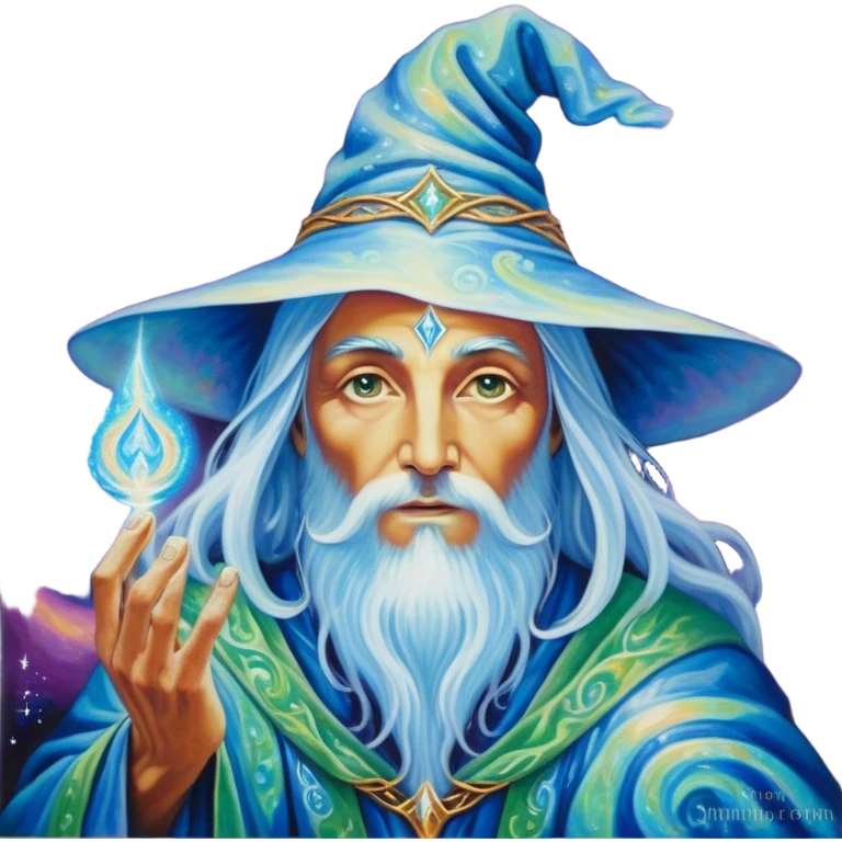 A luminescent enchanted Wizard, his ethereal presence shimmering with otherworldly energy, each detail radiating with mystical power and ancient wisdom. The painting, a masterpiece of acrylic art, captures the Wizards hauntingly beautiful visage in exquisite detail. Swirls of cosmic colors dance around him, evoking a sense of celestial wonder, while intricate patterns of glowing runes adorn his intricate robe. The image is vivid and captivating, drawing viewers into a mesmerizing realm of fantasy and magic. emoji